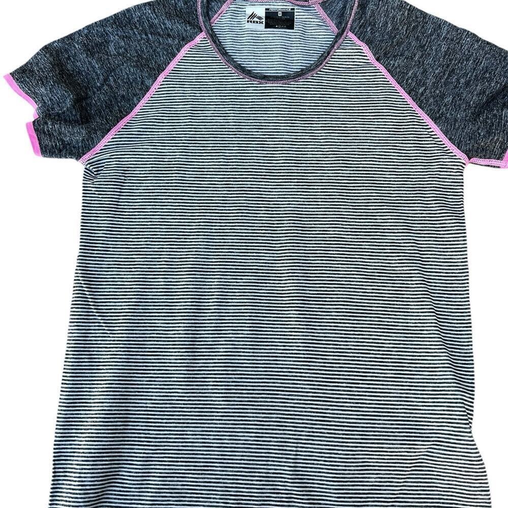 RBX Performance women’s size M T-shirt, gray with white stripes, pink accent